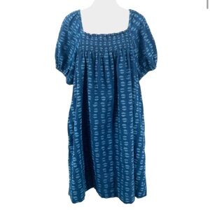 NWT Madewell Puff-Sleeve A-Line Mini Dress, Indigo Block Print, Size M